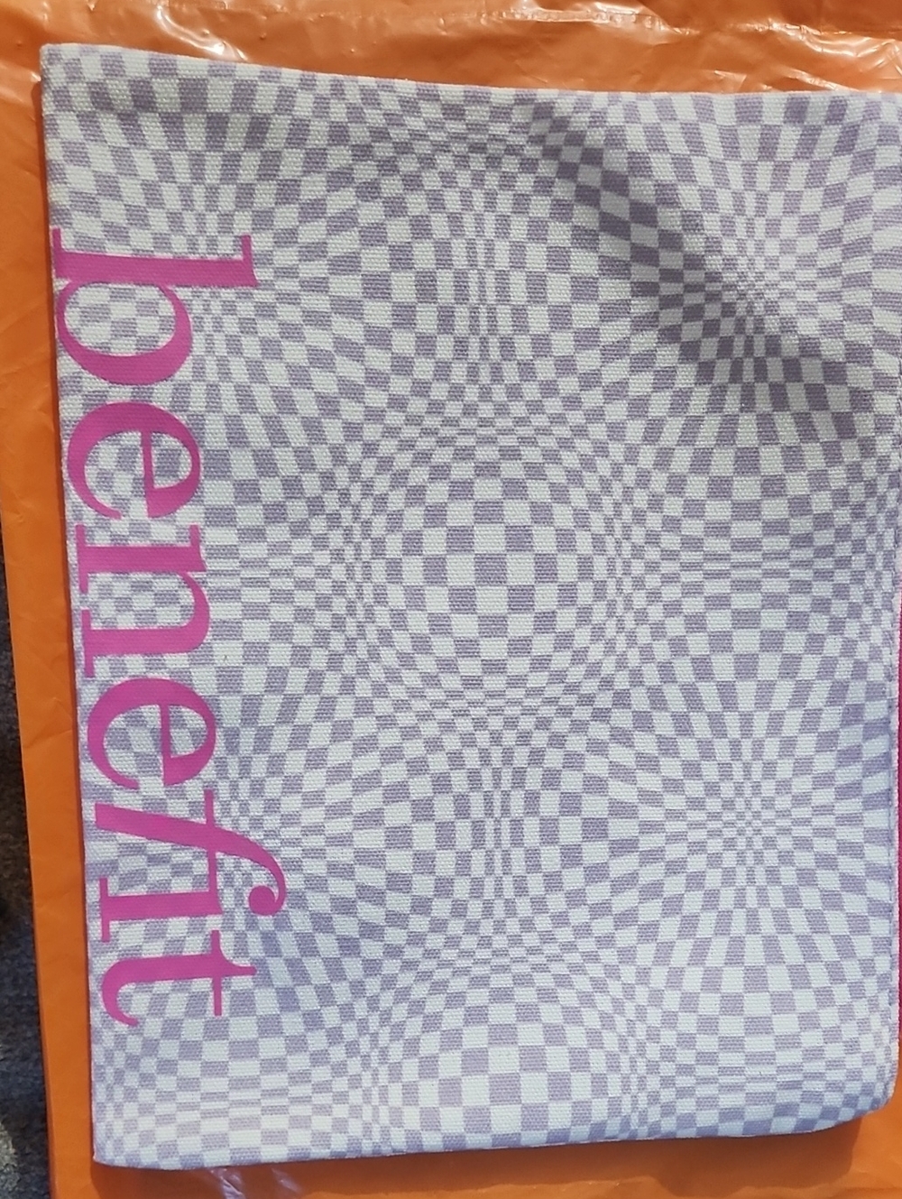 NEW. Benefit Checkerboard Cosmetic Pouch in Lavender and Hot Pink
